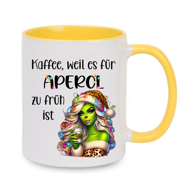 Tasse "Kaffee, weil es für Aperol zu früh ist" Lady Grinch mit Lichter und Becher
