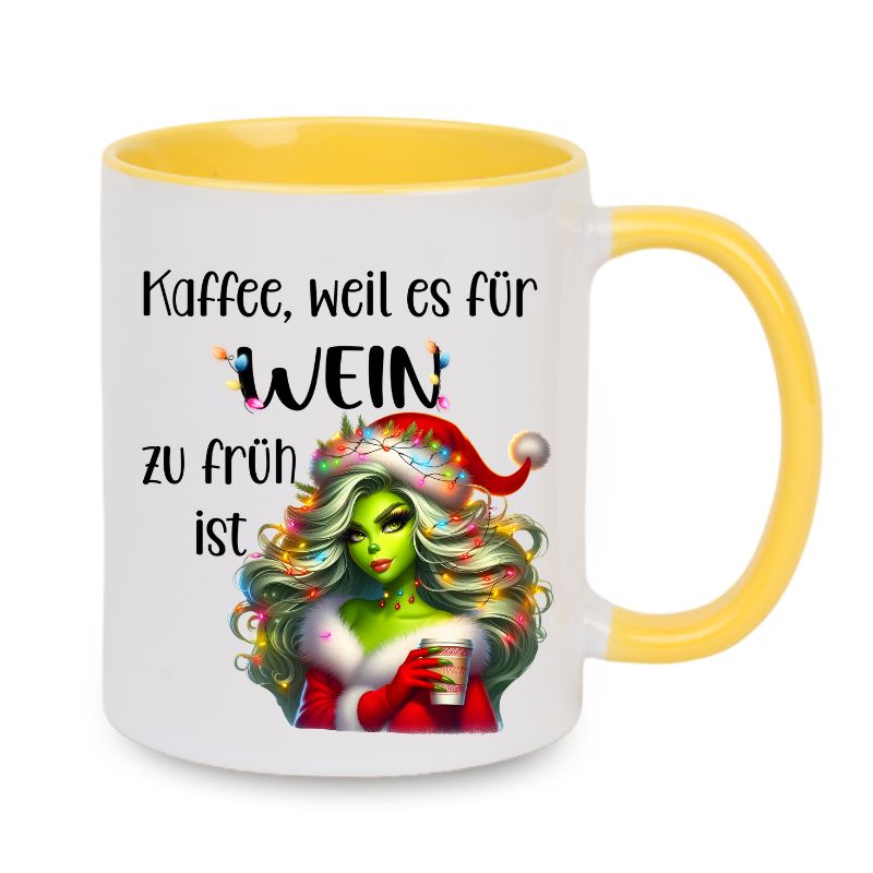 Tasse "Kaffee, weil es für Wein zu früh ist" Lady Grinch in Rot mit Lichter