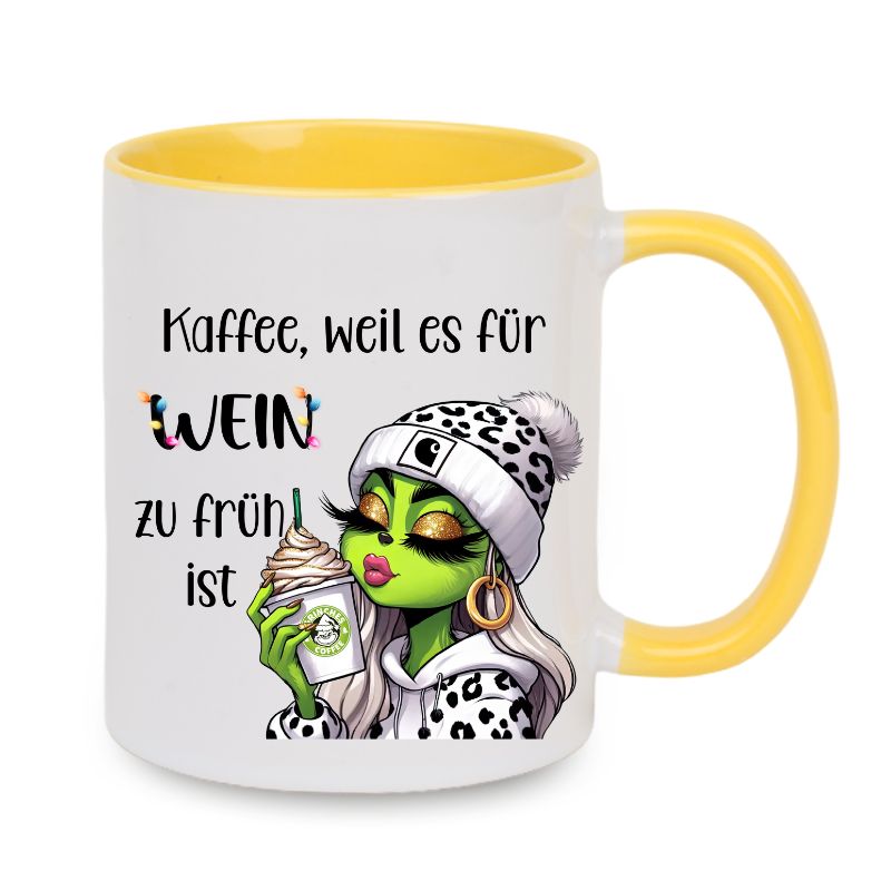Tasse "Kaffee, weil es für Wein zu früh ist" Lady Grinch mit weisse Mütze