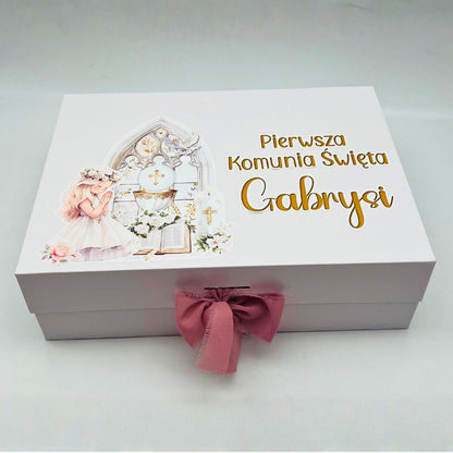 Pamiątkowe pudełko komunijne – personalizowany zestaw na Pierwszą Komunię Świętą dla dziewczynki