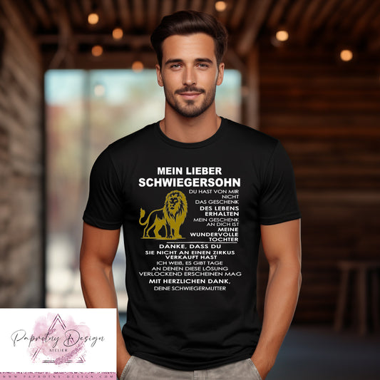T-Shirt „Mein lieber Schwiegersohn" weiß/gold Löwe