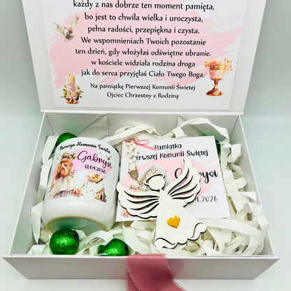 Pamiątkowe pudełko komunijne – personalizowany zestaw na Pierwszą Komunię Świętą dla dziewczynki