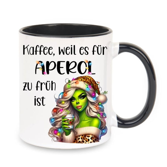 Tasse "Kaffee, weil es für Aperol zu früh ist" Lady Grinch mit Lichter und Becher