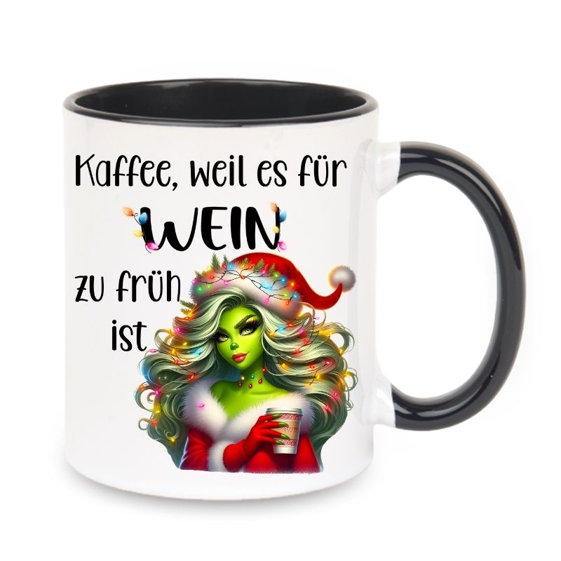 Tasse "Kaffee, weil es für Wein zu früh ist" Lady Grinch in Rot mit Lichter
