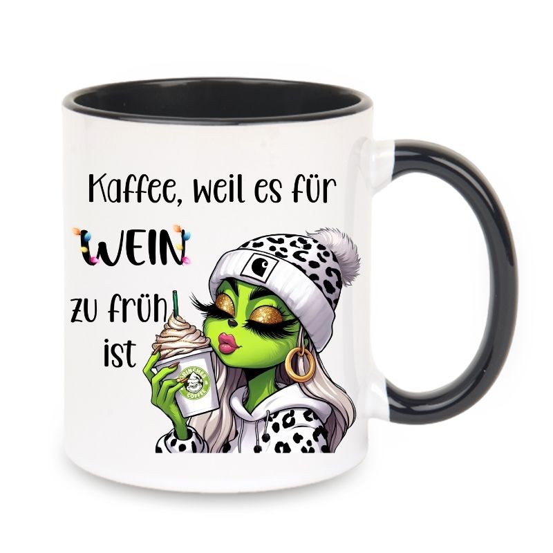 Tasse "Kaffee, weil es für Wein zu früh ist" Lady Grinch mit weisse Mütze