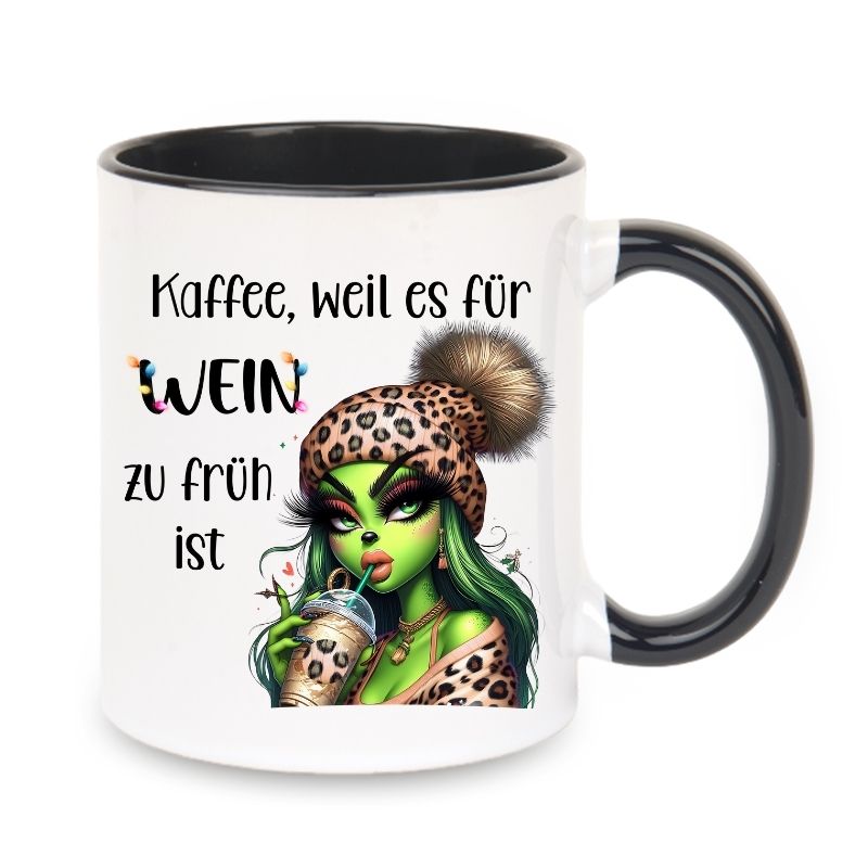 Tasse "Kaffee, weil es für Wein zu früh ist" Lady Grinch mit Halskette