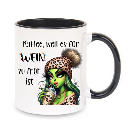 Tasse "Kaffee, weil es für Wein zu früh ist" Lady Grinch mit Halskette