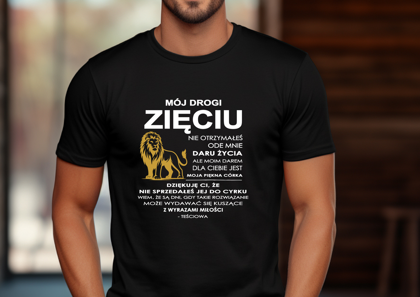 T-Shirt męski „Mój drogi zięciu" biały/złoty