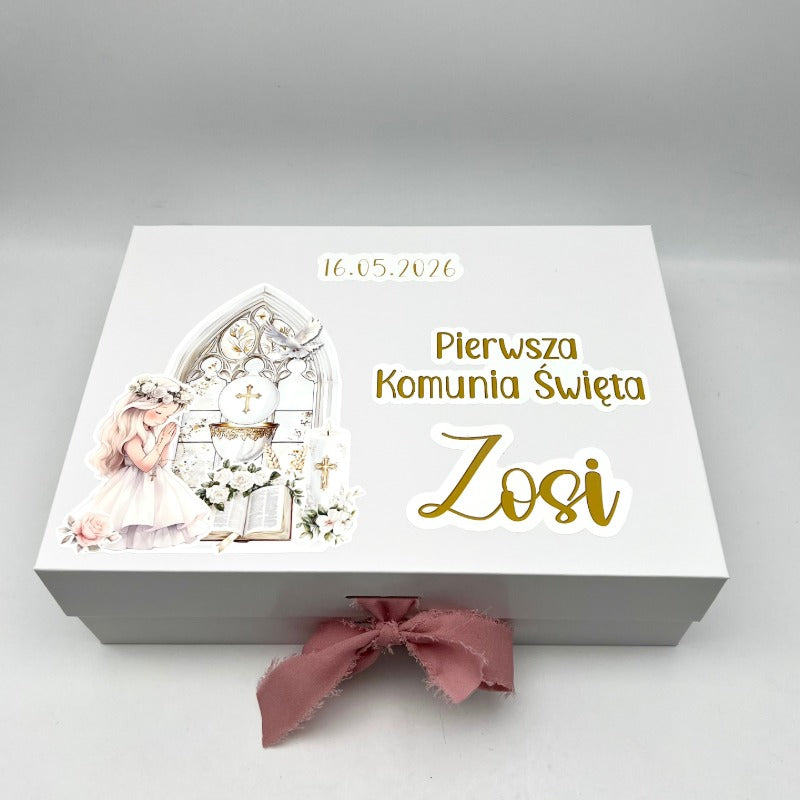 Pamiątkowe pudełko komunijne – personalizowany zestaw na Pierwszą Komunię Świętą