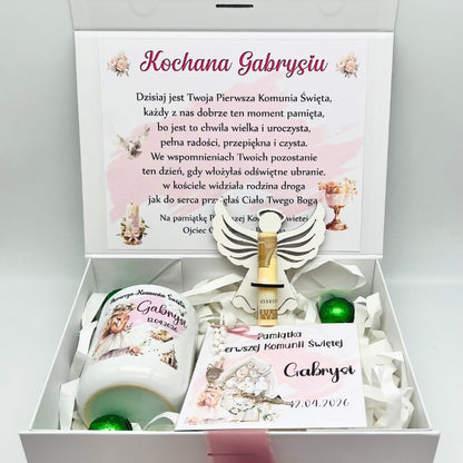Pamiątkowe pudełko komunijne – personalizowany zestaw na Pierwszą Komunię Świętą