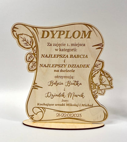 Personalizowany Drewniany Dyplom na Dzień Babci i Dziadka