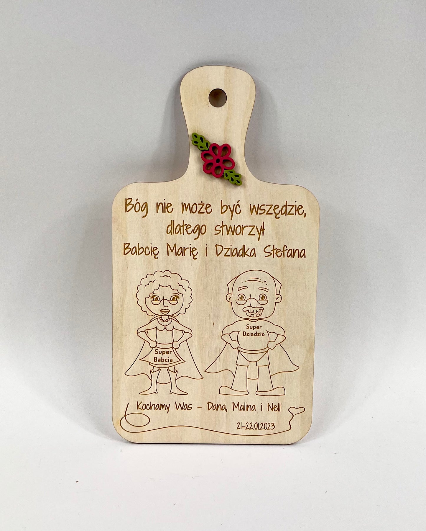 Personalizowana Deska Dekoracyjna dla Dziadków - kwiatki