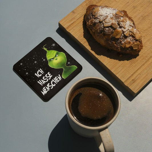 Grinch Untersetzer "Ich hasse Menschen" – Lustiges Geschenk für Weihnachtsmuffel & Kaffeeliebhaber