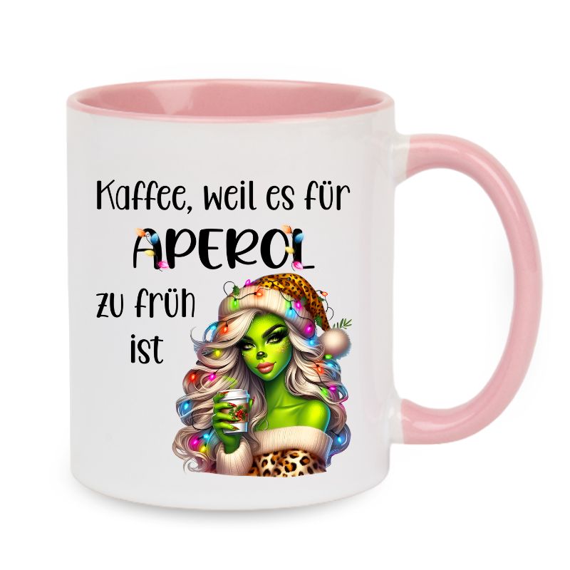 Tasse "Kaffee, weil es für Aperol zu früh ist" Lady Grinch mit Lichter und Becher