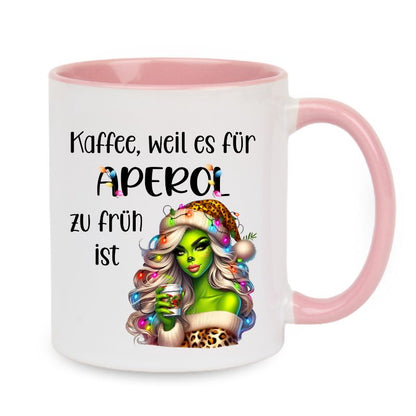 Tasse "Kaffee, weil es für Aperol zu früh ist" Lady Grinch mit Lichter und Becher