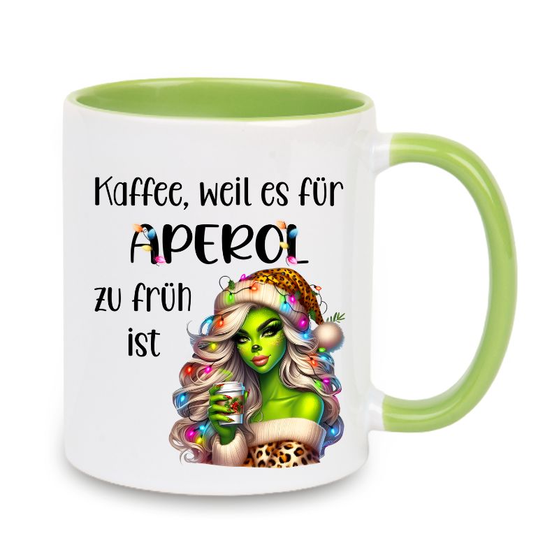 Tasse "Kaffee, weil es für Aperol zu früh ist" Lady Grinch mit Lichter und Becher