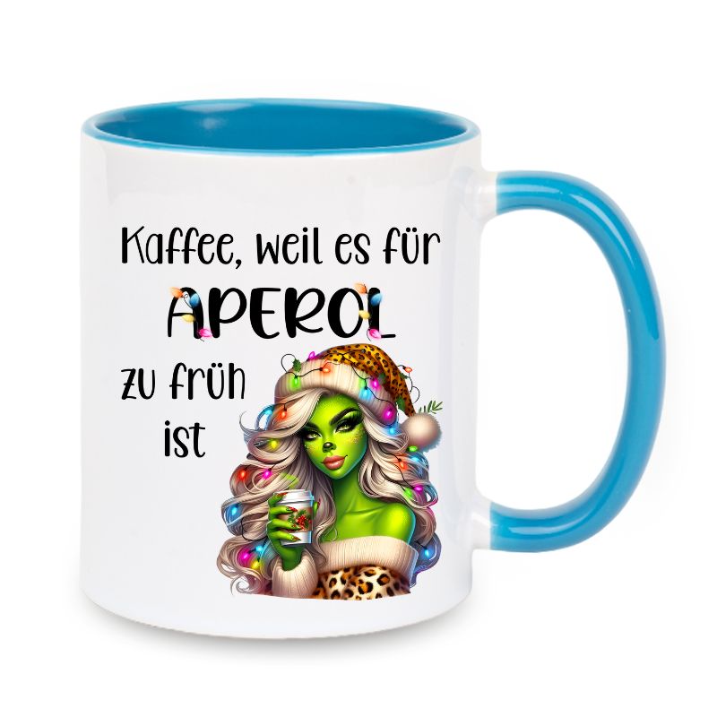 Tasse "Kaffee, weil es für Aperol zu früh ist" Lady Grinch mit Lichter und Becher