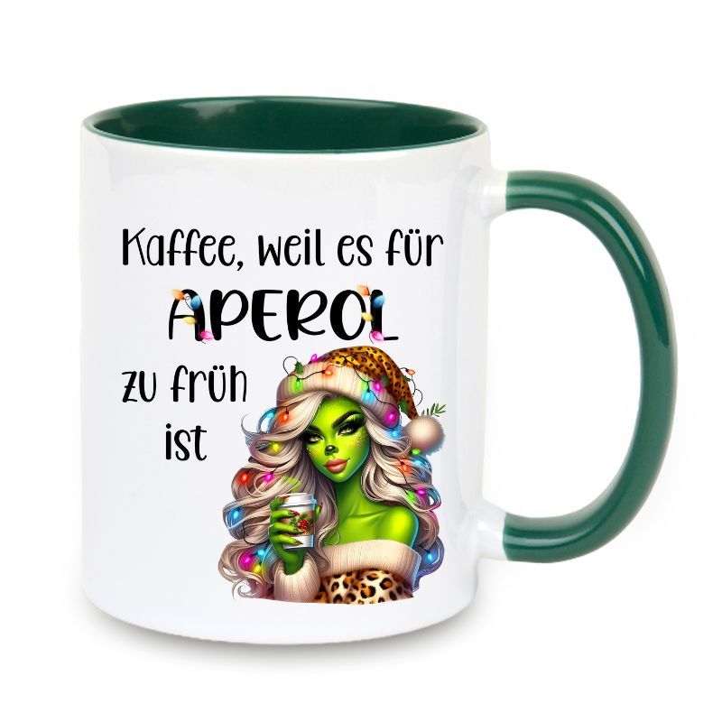 Tasse "Kaffee, weil es für Aperol zu früh ist" Lady Grinch mit Lichter und Becher
