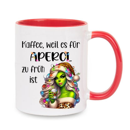 Tasse "Kaffee, weil es für Aperol zu früh ist" Lady Grinch mit Lichter und Becher