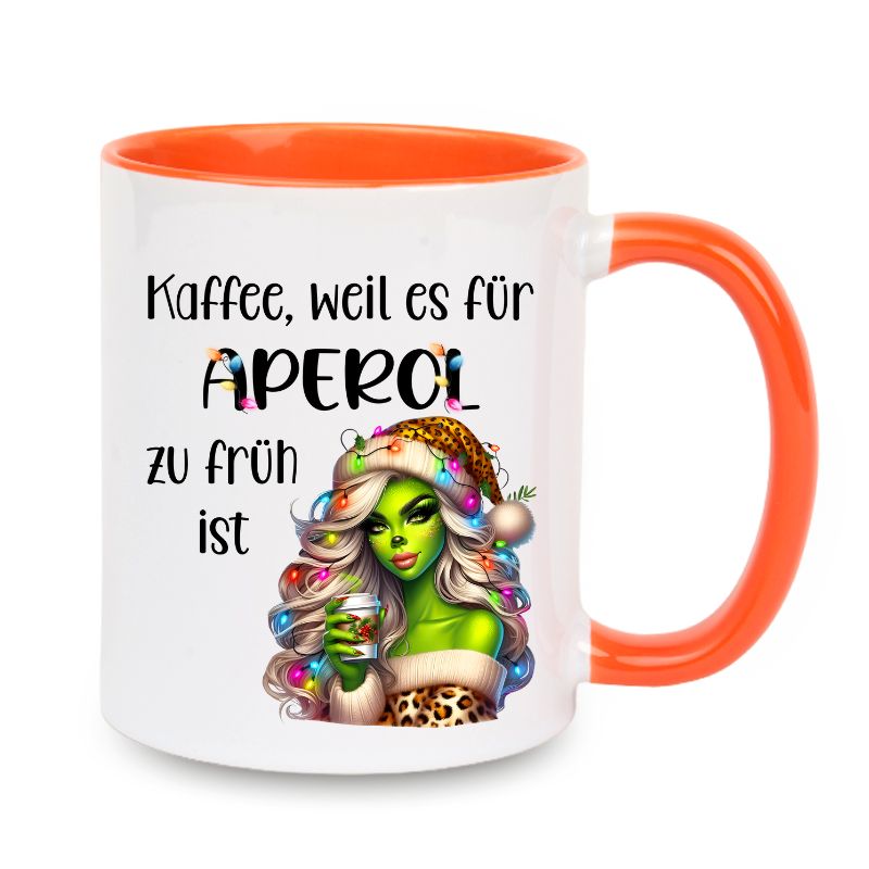 Tasse "Kaffee, weil es für Aperol zu früh ist" Lady Grinch mit Lichter und Becher