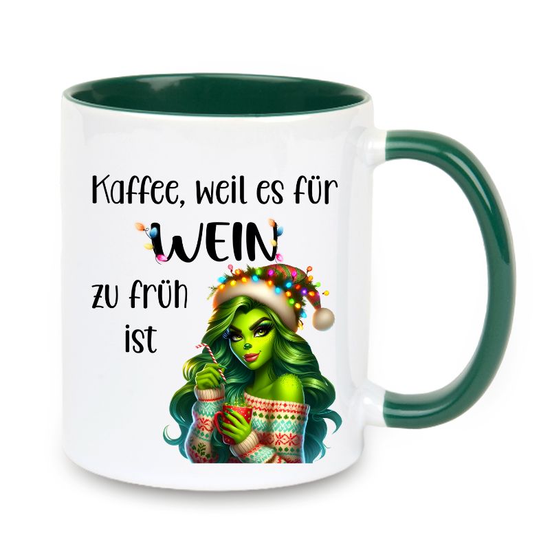 Tasse "Kaffee, weil es für Wein zu früh ist" Lady Grinch im Pullover