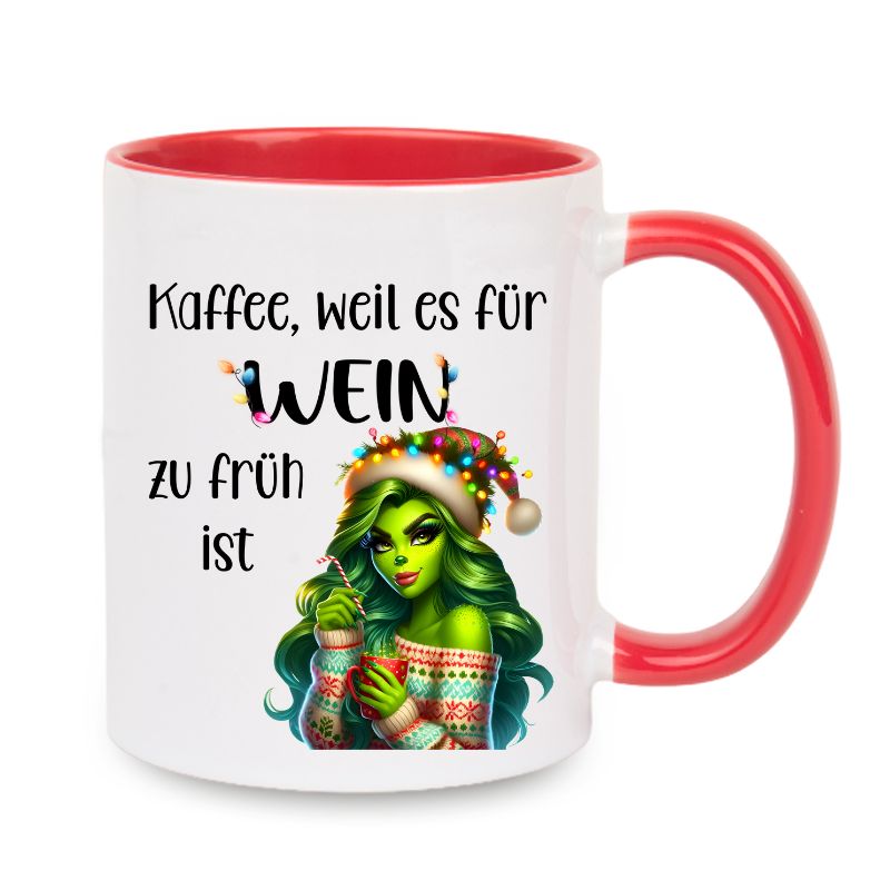 Tasse "Kaffee, weil es für Wein zu früh ist" Lady Grinch im Pullover