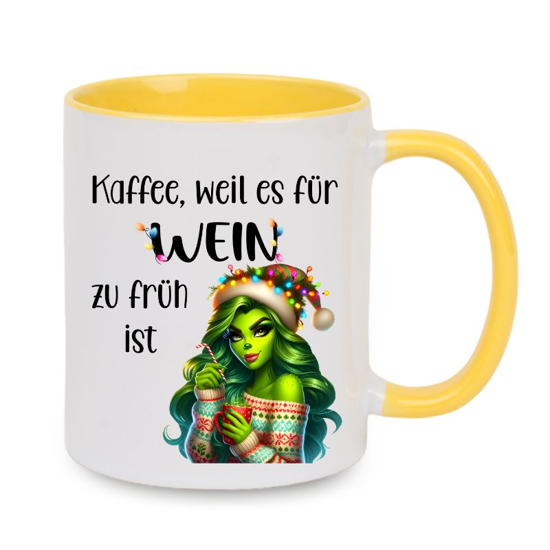 Tasse "Kaffee, weil es für Wein zu früh ist" Lady Grinch im Pullover