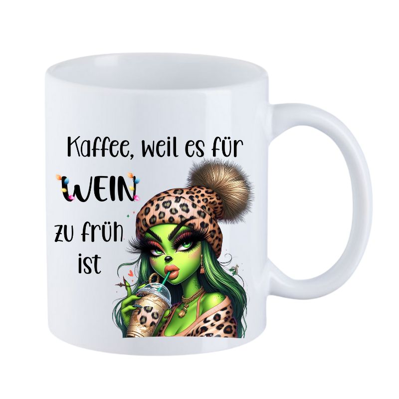Tasse "Kaffee, weil es für Wein zu früh ist" Lady Grinch mit Halskette