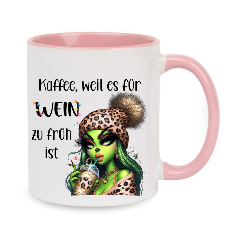 Tasse "Kaffee, weil es für Wein zu früh ist" Lady Grinch mit Halskette