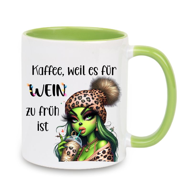 Tasse "Kaffee, weil es für Wein zu früh ist" Lady Grinch mit Halskette