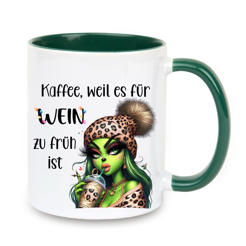 Tasse "Kaffee, weil es für Wein zu früh ist" Lady Grinch mit Halskette