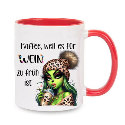 Tasse "Kaffee, weil es für Wein zu früh ist" Lady Grinch mit Halskette
