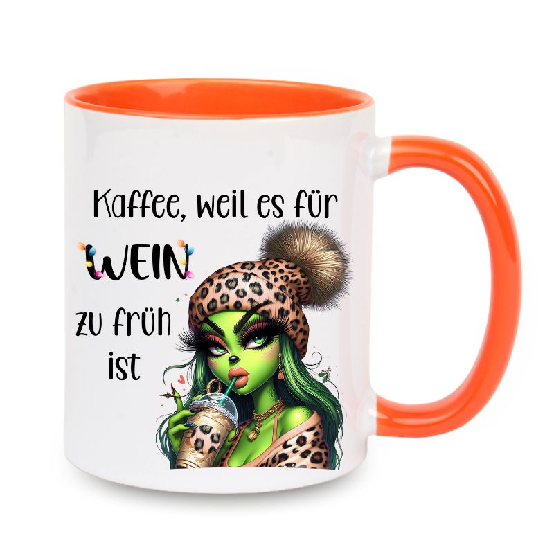 Tasse "Kaffee, weil es für Wein zu früh ist" Lady Grinch mit Halskette