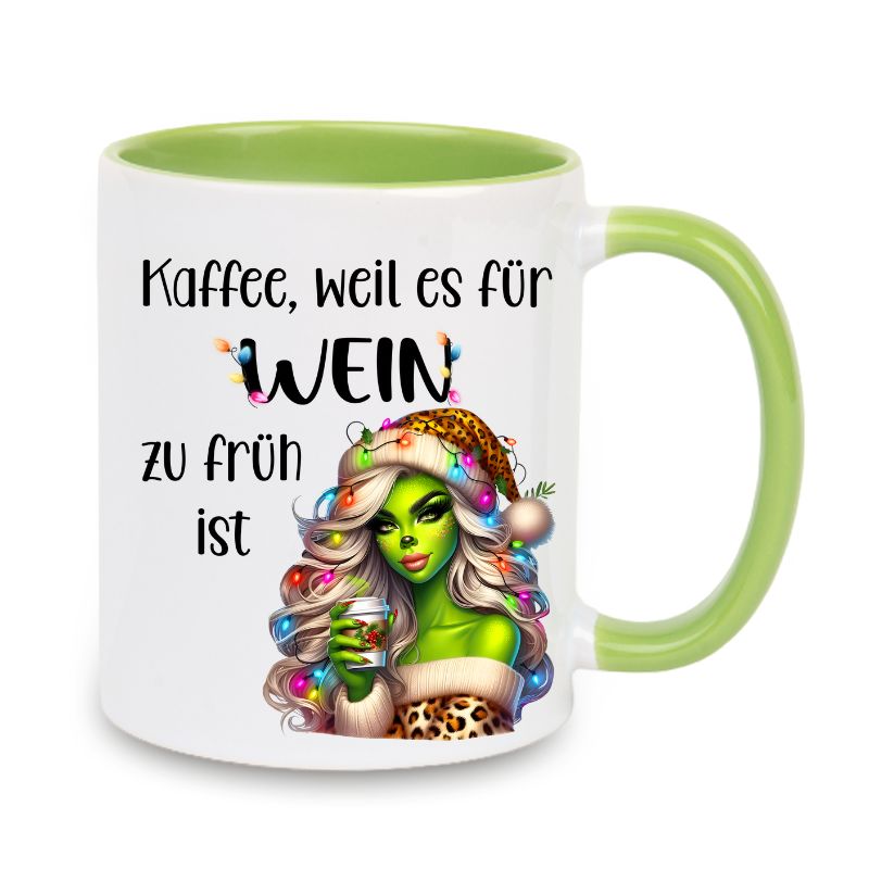 Tasse "Kaffee, weil es für Wein zu früh ist" Lady Grinch mit Becher