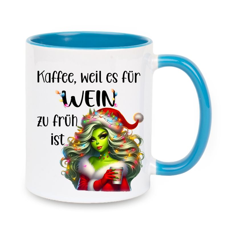Tasse "Kaffee, weil es für Wein zu früh ist" Lady Grinch in Rot mit Lichter