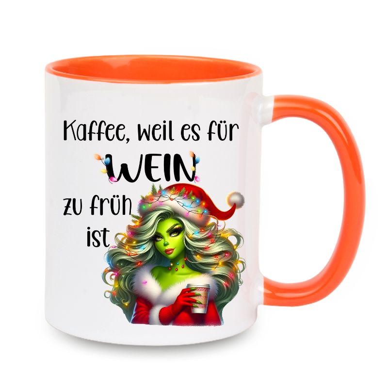 Tasse "Kaffee, weil es für Wein zu früh ist" Lady Grinch in Rot mit Lichter