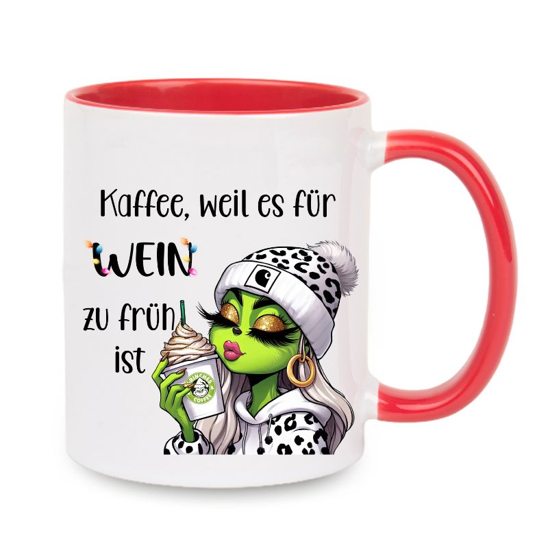 Tasse "Kaffee, weil es für Wein zu früh ist" Lady Grinch mit weisse Mütze